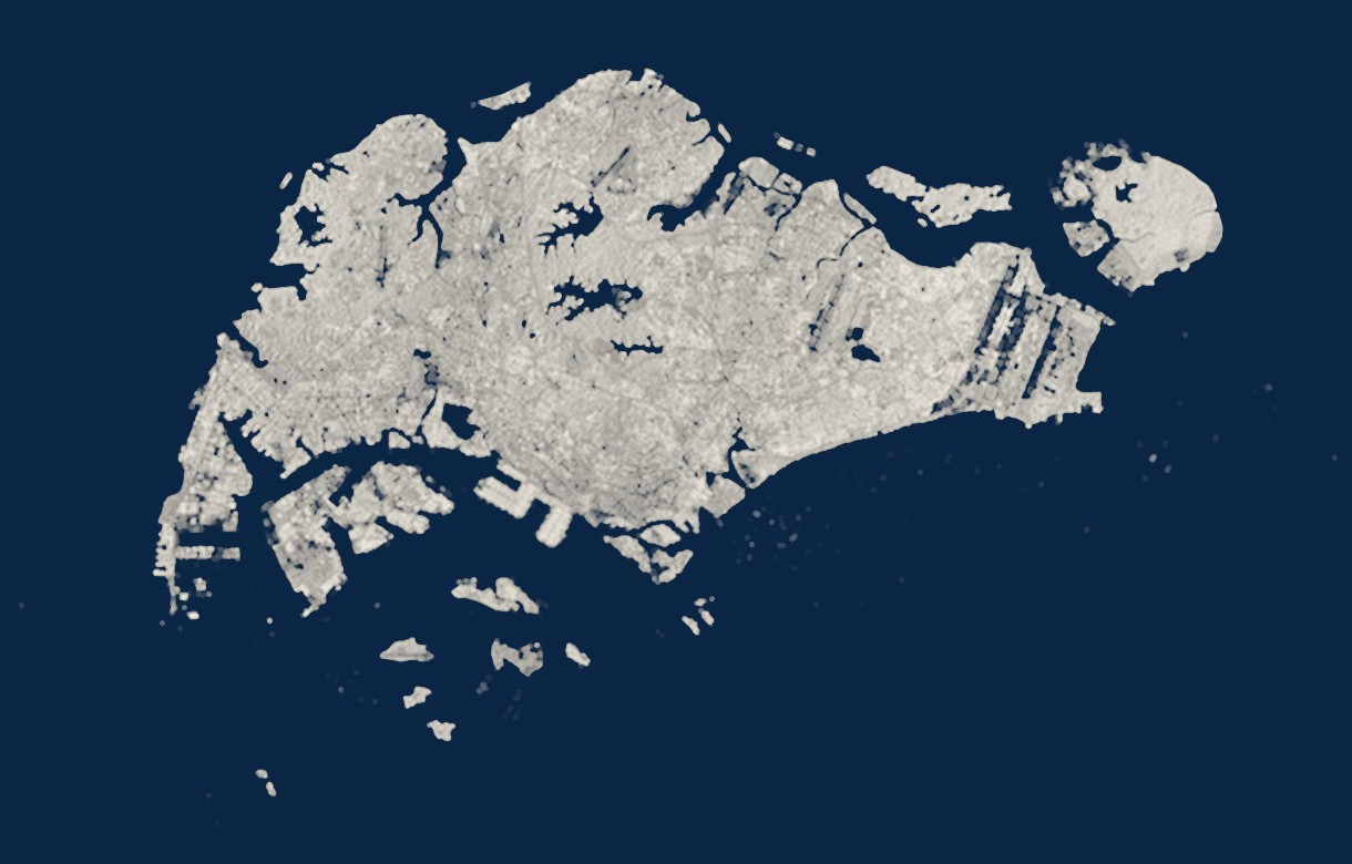 Radar satellite image of Singapore's main island and offshore islands, including Pulau Ubin, Pulau Tekong, Jurong Island and the Southern Islands